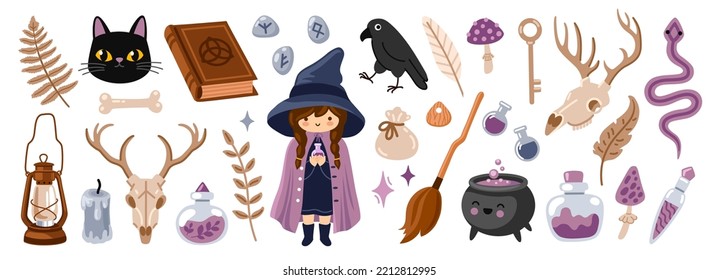 Little witch, black cat, raven, deer skull, cauldron, runes and magic potion. Witch mystical attributes, witchcraft elements. Set of vector cartoon hand drawn isolated illustrations.