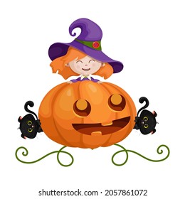 Little witch with black kittens hiding in a cheerful pumpkin. Funny characters for the holiday Halloween. Cartoon vector graphics.