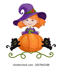 Pequeña bruja con gatitos negros escondiéndose detrás de una pequeña calabaza. Personajes divertidos para la celebración de Halloween. Gráficos vectoriales de dibujos animados.