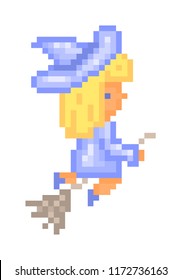 Little witch in a blue dress and hat flying on a broom to the sabbath, pixel art illustration. Halloween party character isolated on white. Magic Walpurgis Night creature.8 bit video game graphics.