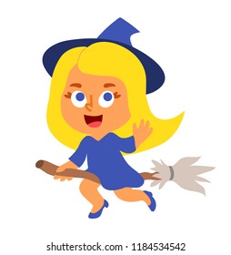 Little witch in a blue dress and a hat flying on a broom to the sabbath and waving her hand, cartoon character isolated on white. Halloween party girl costume. Magic Walpurgis Night female personage.