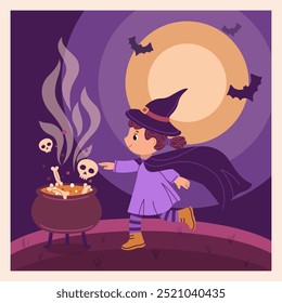 Little witch brewing a magic potion in a cauldron on a spooky night. Halloween square card. Flat vector illustration