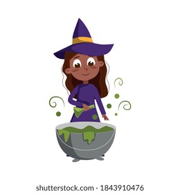 Little Witch Brewing Potion in Cauldron, Cute Girl Wearing Purple Dress and Hat Practicing Witchcraft Cartoon Style Vector Illustration