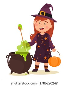 The little witch is brewing a potion. Happy Halloween. Vector illustration in flat cartoon style.