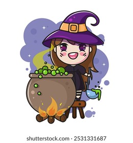 little witch brews a magic potion in a cauldron. Halloween kawaii character	