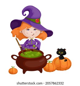 Little witch brews a potion in a cauldron. Nearby sits a black cat on a pumpkin. Funny characters for the holiday Halloween. Cartoon vector graphics.