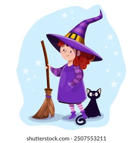 A little witch with a broom and a black cat, an illustration for the Halloween holiday.