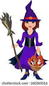 Little witch with broom and fly agaric