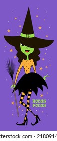 Little Witch with a broom. Halloween vector illustration.