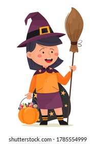 Little witch with a broom. Happy Halloween. Vector illustration in flat cartoon style.