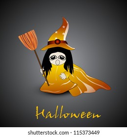 Little witch with broom stick and hat on grey background for Halloween night. EPS 10.