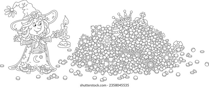 Little witch with a burning candle checking a safety of her priceless buried treasures and gold coins on a dark terrible night, black and white outline vector cartoon illustration for a coloring book