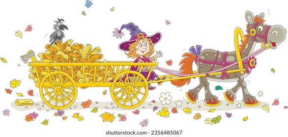 Little witch carrying chopped firewood from an autumn forest on her wooden cart pulled by a funny horse, vector cartoon illustration isolated on a white background