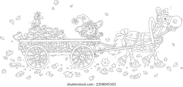 Little witch carrying chopped firewood from an autumn forest on her wooden cart pulled by a funny horse, black and white outline vector cartoon illustration for a coloring book