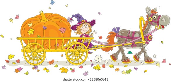 Little witch carrying a giant orange pumpkin from an autumn vegetable garden on her wooden cart pulled by a funny horse, vector cartoon illustration isolated on a white background