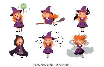 Little Witch Cartoon Character Collection, Lovely Red Haired Girl in Purple Dress and Hat in Different Situations Vector Illustration