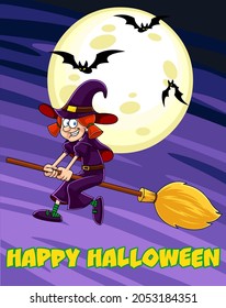 Little Witch Cartoon Character Ride A Broomstick In Halloween Night. Vector Hand Drawn Illustration With Background And Text