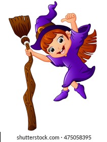 little witch cartoon holding broom and giving thumb up