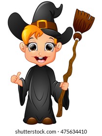 Little witch cartoon holding broom
