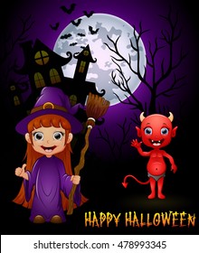Little witch cartoon holding broom and red devil on haunted castle background .vector illustration 
