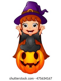 little witch cartoon sitting on the pumpkin