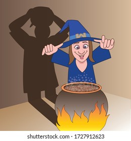 The little witch is casting a spell. Her shadow on the back doesn't want to be like her. It will obstruct her rituals every time.