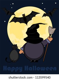 Little witch with cat and bats in front of the moon