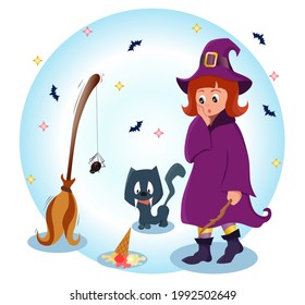 The little witch, the cat and the broom are looking at the fallen ice cream. You can use for t-shirt, sticker and mascot design. Colorful cartoon vector illustration.