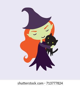 Little witch with a cat. Cute Halloween character design.