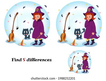 Little witch, cat, ice cream, broom and spiders. Vector illustration of a game for children Find the difference.
