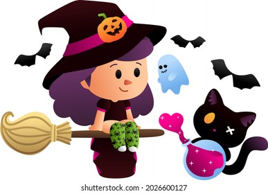 
little witch and cat on halloween