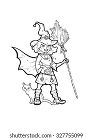 Little witch with a cat, outline vector illustration