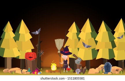 The little witch in the cemetery for halloween party- Mobile Game 2d game 