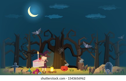 The little witch in the cemetery for halloween party- Mobile Game 2d game 