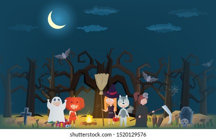 The little witch And children wearing fantasy ghosts in the cemetery for halloween party- Mobile Game 2d game