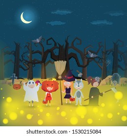 The little witch And children wearing fantasy ghosts in the cemetery for halloween party- Mobile Game 2d game
