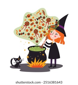 Little witch cooking a potion for a magic spell. Witch making magic candies. The cauldron on fire. Cute children character. Halloween fairy tale vector illustration