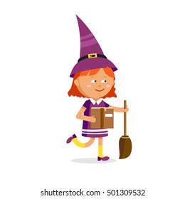 Little witch, cute cartoon girl in the Halloween costume with broom and spell book isolated on white background. Vector illustration male magic character