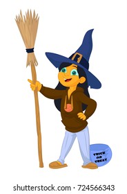 Little witch, cute cartoon girl in the Halloween costume with broom. Isolated vector