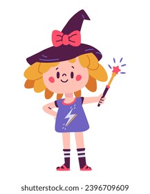 Little witch cute character with magic wand flat vector illustration isolated on white.