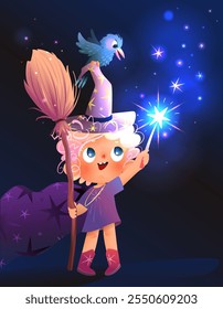 Pequeña bruja haciendo magia, diseño de personajes para niños historia. Muchacha que lleva el traje del mago que hace la magia con la varita mágica brillante brillante. Colorido Vector de cuento de hadas sobre fondo oscuro para niños.