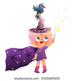 Little witch doing magic, kids character design for kids story. Girl wearing magician costume doing magic with sparkling shiny magic wand. Colorful fairy tale vector clip art graphics for children.