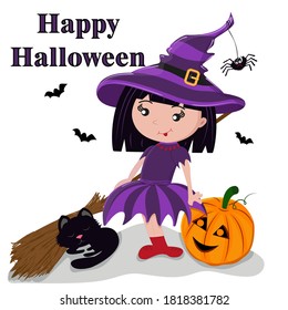 Little witch for the feast of Halloween. A girl in a purple witch dress and hat with a spider, black cat, bats, pumpkin and broom on a white background. Vector.