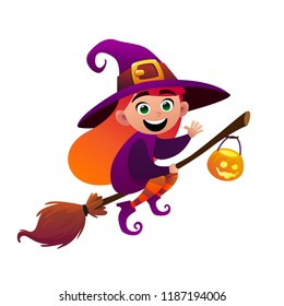 A little witch flies on broom on white background vector