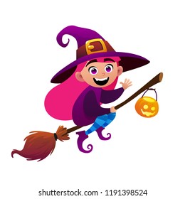 A little witch flies on broom on white background vector