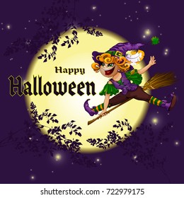 A little witch flies on a broom in the background of the moon. A cheerful character. Vector image in the style of a Cartoon for the holiday of Halloween with a congratulatory inscription.