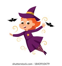 Little Witch Flying with Bats, Cute Girl Wearing Purple Dress and Hat Practicing Witchcraft Cartoon Style Vector Illustration