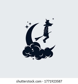 Little Witch flying with broom on the moon