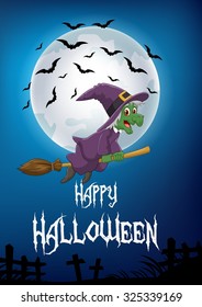 Little witch in the flying broomstick on the lunar eclipse background 