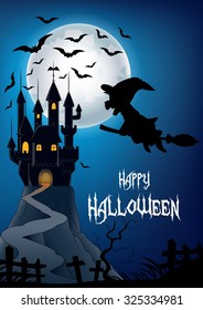 Little witch in the flying go to castle with moon and bats background